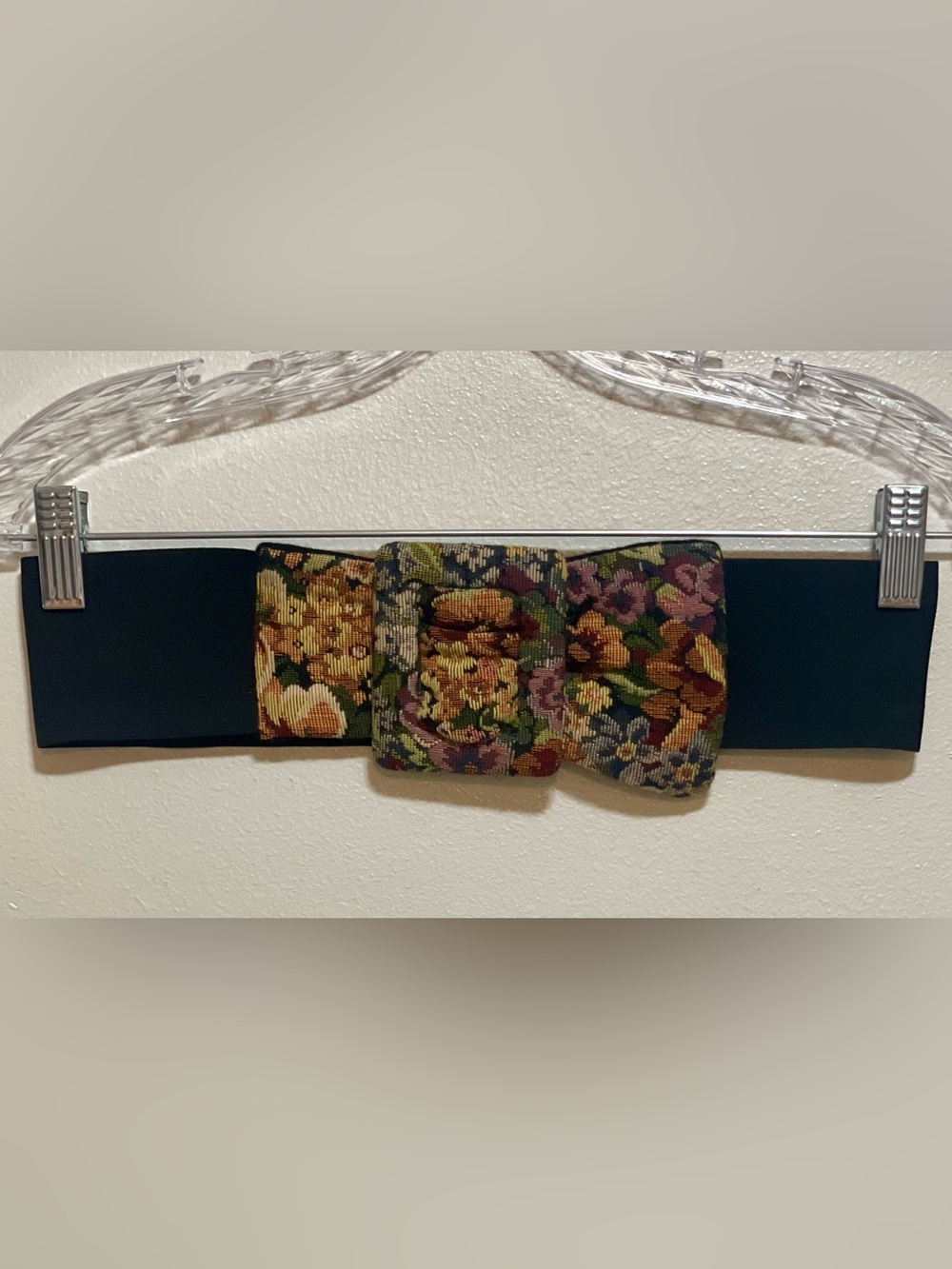 Vintage Black Elastic Belt with Floral Tapestry Buckle